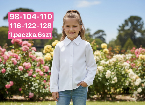 Koszule dziewczęce Roz 98-128, 1 kolor Paczka 6 szt